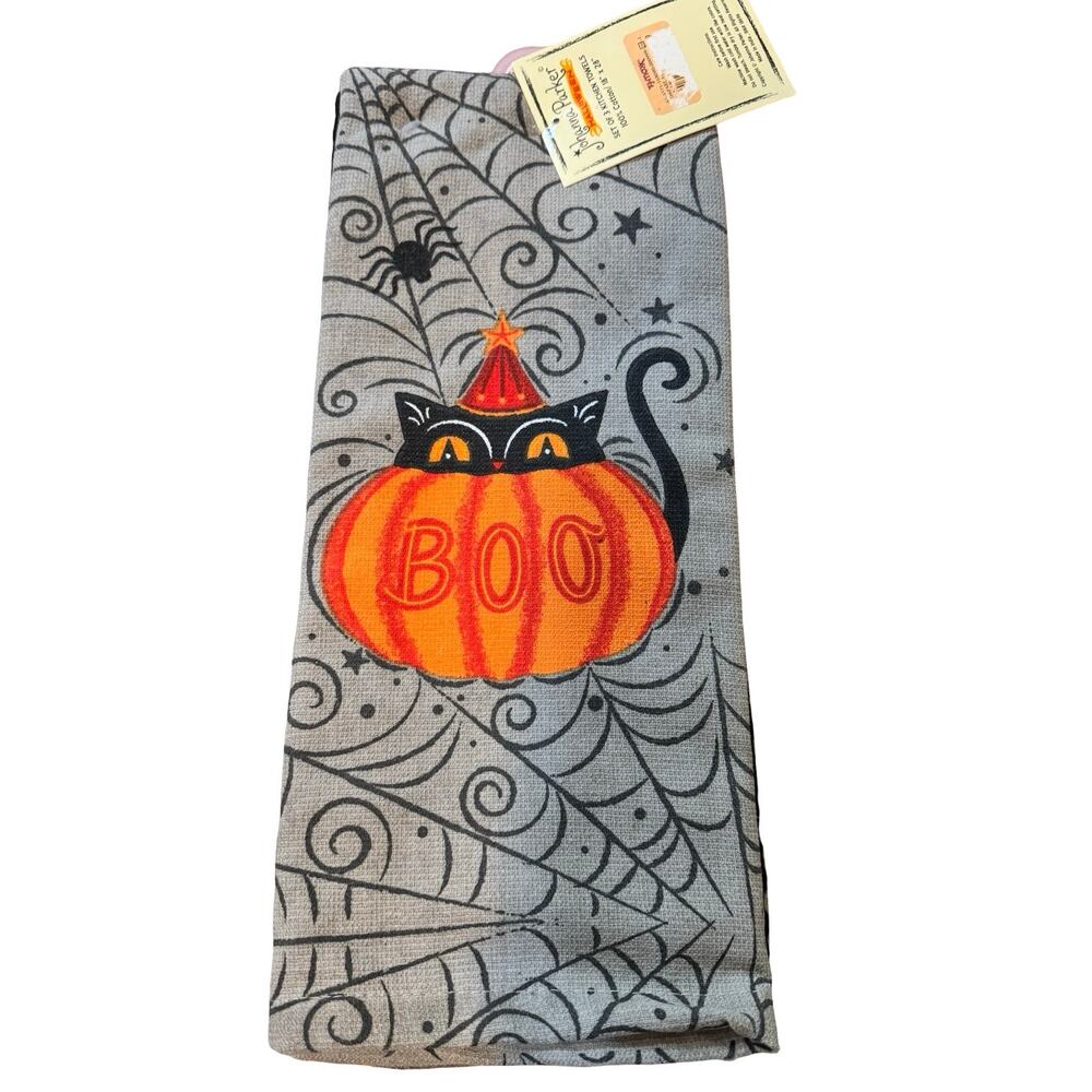 Johanna Parker Halloween Kitchen Towels Set of 3 Black Cat Pumpkin Boo